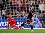 Inter Miami CF forward Lionel Messi (10) celebrates after scoring his second goal against the Columbus Crew.