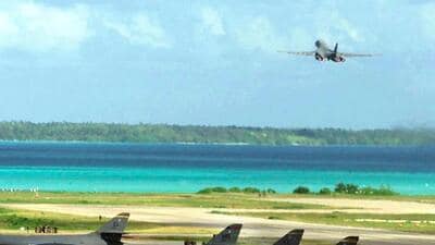 A US Air Force B-1B bomber takes off from the Diego Garcia military base on a strike mission against Afghanistan in Diego Garcia in 2001. (AFP) A US Air Force B-1B bomber takes off from the Diego Garcia military base on a strike mission against Afghanistan in Diego Garcia in 2001. (AFP)