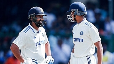 India's captain Rohit Sharma and Yashasvi Jaiswal celebrate their partnership during Day 4 of the second test match against Bangladesh (BCCI-X)