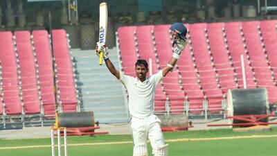Abhimanyu Easwaran celebrates his century on Day 3 of Irani Cup, in Lucknow on Thursday. (Deepak Gupta/HT) Abhimanyu Easwaran celebrates his century on Day 3 of Irani Cup, in Lucknow on Thursday. (Deepak Gupta/HT)