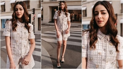 Ananya Panday was in Paris for Chanel's Spring Summer 25 runway show. The actor wore a plaid co-ord set from the luxury fashion house's Cruise show - a pink, ecru and black cotton tweed jacket with matching bermudas. She punctuated the look with black and white heels and a pink Chanel bag. Ananya Panday was in Paris for Chanel's Spring Summer 25 runway show. The actor wore a plaid co-ord set from the luxury fashion house's Cruise show - a pink, ecru and black cotton tweed jacket with matching bermudas. She punctuated the look with black and white heels and a pink Chanel bag. 