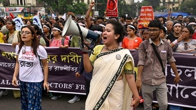 Kolkata, India - Oct. 2, 2024: Junior doctors, activists and others take out a protest rally from College Street to Esplanade demanding justice for the murdered RG Kar doctor and security in hospitals in Kolkata, India, on Wednesday, October 2, 2024. (Photo by Samir Jana/ Hindustan Times) (Hindustan Times) Kolkata, India - Oct. 2, 2024: Junior doctors, activists and others take out a protest rally from College Street to Esplanade demanding justice for the murdered RG Kar doctor and security in hospitals in Kolkata, India, on Wednesday, October 2, 2024. (Photo by Samir Jana/ Hindustan Times) (Hindustan Times)
