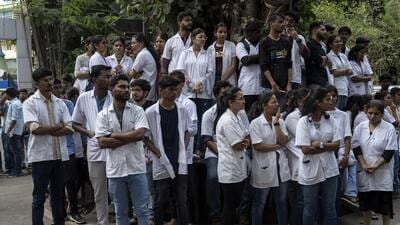 Mumbai, India - April 27, 2023: Angry medical students stage a protest as their 22-year-old colleague Dayanand Kale died after falling from a tree inside Podar Ayurved Medical College on Wednesday night. Though he was rushed immediately to the hospital, students allege negligence of the hospital administration and not getting timely treatment, at Worli, in Mumbai, India, on Thursday, April 27, 2023. (Photo by Satish Bate/ Hindustan Times) (Satish Bate/HT PHOTO) Mumbai, India - April 27, 2023: Angry medical students stage a protest as their 22-year-old colleague Dayanand Kale died after falling from a tree inside Podar Ayurved Medical College on Wednesday night. Though he was rushed immediately to the hospital, students allege negligence of the hospital administration and not getting timely treatment, at Worli, in Mumbai, India, on Thursday, April 27, 2023. (Photo by Satish Bate/ Hindustan Times) (Satish Bate/HT PHOTO)