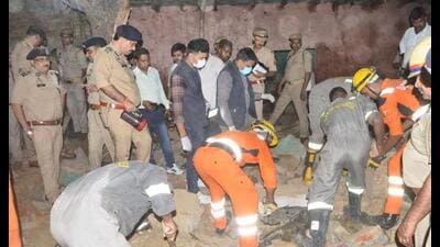 Rescue operation underway after a blast at a firecracker factory, which also caused damage to some adjoining buildings in a village, in the Sirauli police station area of Bareilly, on Wednesday. (PTI Photo) Rescue operation underway after a blast at a firecracker factory, which also caused damage to some adjoining buildings in a village, in the Sirauli police station area of Bareilly, on Wednesday. (PTI Photo)