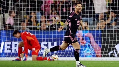 Inter Miami CF forward Lionel Messi (10) celebrates after scoring his second goal against the Columbus Crew. (USA TODAY Sports via Reuters Con)