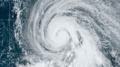 This Satellite image provided by NOAA shows Hurricane Kirk, Wednesday, Oct. 2, 2024 in the Atlantic Ocean. (NOAA via AP) (AP) This Satellite image provided by NOAA shows Hurricane Kirk, Wednesday, Oct. 2, 2024 in the Atlantic Ocean. (NOAA via AP) (AP)