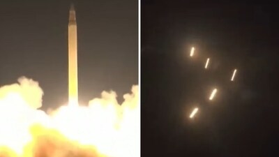 Iranian media shared a video of missiles launched towards Israel in a recent attack. (Screengrab) Iranian media shared a video of missiles launched towards Israel in a recent attack. (Screengrab)