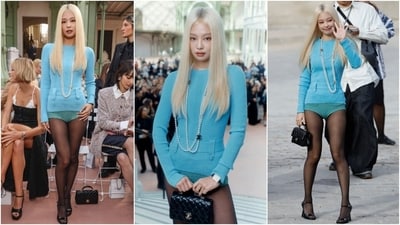 Blackpink member Jennie attended the Chanel show in a daring outfit featuring a black tweed bodycon jumper, which she paired with matching micro-mini shorts, sheer black stockings, peep-toe stilettos, a Chanel bag, a pearl necklace, and her blonde tresses left open in a centre parting. Blackpink member Jennie attended the Chanel show in a daring outfit featuring a black tweed bodycon jumper, which she paired with matching micro-mini shorts, sheer black stockings, peep-toe stilettos, a Chanel bag, a pearl necklace, and her blonde tresses left open in a centre parting. 