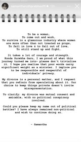 Samantha Prabhu reacted to Surekha Konda’s comment on her divorce with Naga Chaitanya. Samantha Prabhu reacted to Surekha Konda’s comment on her divorce with Naga Chaitanya.