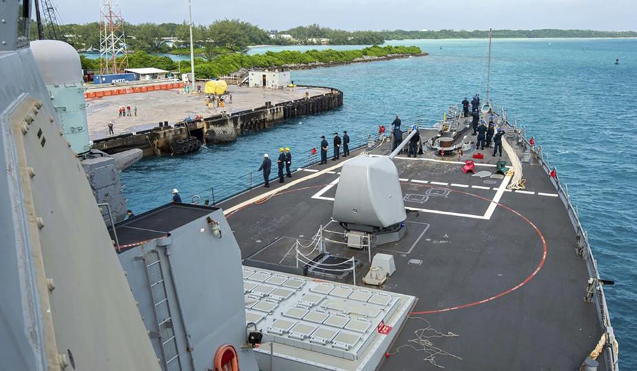 This photo provided by the U.S. Navy on Feb. 11, 2023 shows U.S. Navy Sailors aboard the USS Paul Hamilton (DDG 60) during a routine port visit at Diego Garcia. (U.S. Navy via AP)