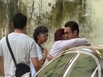 Aamir Khan hugs daughter Ira Khan as Kiran Rao looks on, at last rites of Reena Dutta's father