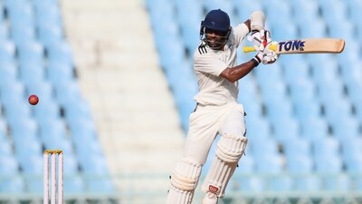 Abhimanyu Easwaran of Rest of India plays a shot against the Mumbai, during the Irani Cup 2024-25 match at Atal Vihari Vajpayee Ekana International Cricket Stadium in Lucknow, Uttar Pradesh Abhimanyu Easwaran of Rest of India plays a shot against the Mumbai, during the Irani Cup 2024-25 match at Atal Vihari Vajpayee Ekana International Cricket Stadium in Lucknow, Uttar Pradesh
