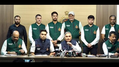 Addl. CP (Special Cell) Pramod Kumar Kushwah addresses a press conference on Wednesday after the drug bust. (PTI) Addl. CP (Special Cell) Pramod Kumar Kushwah addresses a press conference on Wednesday after the drug bust. (PTI)