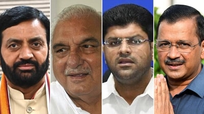 Haryana chief minister Nayab Singh Saini, Congress's Bhupinder Singh Hooda, JJP's Dushyant Chautala and AAP convenor Arvind Kejriwal. Haryana chief minister Nayab Singh Saini, Congress's Bhupinder Singh Hooda, JJP's Dushyant Chautala and AAP convenor Arvind Kejriwal.