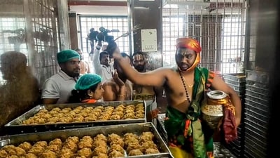 A priest performs the purification ritual 'Shanti Homam Panchagavya Prokshana' to undo the alleged desecrations that occurred at Sri Venkateswara Swamy Temple during YSRCP government, at Tirumala in Tirupati district, Andhra Pradesh. (PTI (File Photo)) A priest performs the purification ritual 'Shanti Homam Panchagavya Prokshana' to undo the alleged desecrations that occurred at Sri Venkateswara Swamy Temple during YSRCP government, at Tirumala in Tirupati district, Andhra Pradesh. (PTI (File Photo))