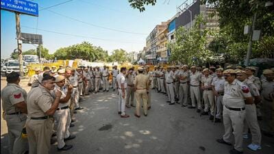 Police deployment at the site where the statue of Rani Laxmi Bai has been relocated near Shahi Idgah on Thursday. (Sanchit Khanna/HT Photo) Police deployment at the site where the statue of Rani Laxmi Bai has been relocated near Shahi Idgah on Thursday. (Sanchit Khanna/HT Photo)
