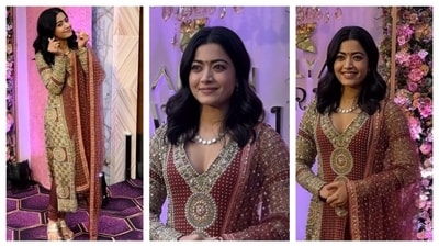 Rashmika Mandanna wore a salwar suit for an event. It had a deep, v-neckline. The dress had intricate sequin embellishments, perfect for that extra festive glam. (Instagram/@varindertchawla) Rashmika Mandanna wore a salwar suit for an event. It had a deep, v-neckline. The dress had intricate sequin embellishments, perfect for that extra festive glam. (Instagram/@varindertchawla)