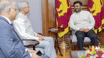 Sri Lankan President Anura Kumara Dissanayake, right, speaks to Indian foreign minister S Jaishankar during their meeting in Colombo on Oct. 4. (AP/Sri Lanka President's House) Sri Lankan President Anura Kumara Dissanayake, right, speaks to Indian foreign minister S Jaishankar during their meeting in Colombo on Oct. 4. (AP/Sri Lanka President's House)
