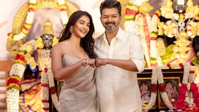 Pooja Hegde and Vijay at the pooja ceremony of Thalapathy 69. Pooja Hegde and Vijay at the pooja ceremony of Thalapathy 69.