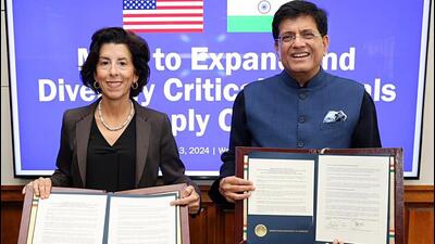 Union commerce and industry minister Piyush Goyal exchanges MoUs with US secretary of commerce Gina Raimondo at the 6th India-US Commercial Dialogue in Washington DC on Thursday. (Photo from X) Union commerce and industry minister Piyush Goyal exchanges MoUs with US secretary of commerce Gina Raimondo at the 6th India-US Commercial Dialogue in Washington DC on Thursday. (Photo from X)