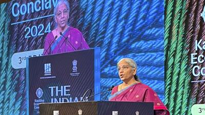 Union finance minister Nirmala Sitharaman at the Kautilya Economic Conclave in New Delhi on Friday. (Photo from X) Union finance minister Nirmala Sitharaman at the Kautilya Economic Conclave in New Delhi on Friday. (Photo from X)