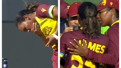West Indies bowler Zaida James walked off the field with a swollen jaw after being hit by a return shot from Laura Wolvaardt West Indies bowler Zaida James walked off the field with a swollen jaw after being hit by a return shot from Laura Wolvaardt