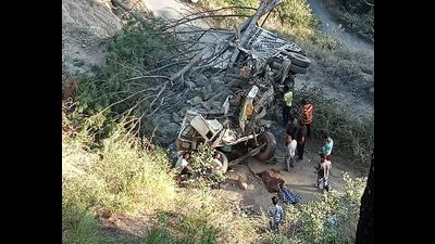 Wreckage of a cement-laden truck that met with an accident on the Chamba-Pathankot national highway on Friday. (HT Photo)