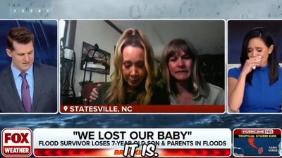 A Fox weather anchor became emotional as a mother recounted her son Micah's tragic last moments during a flood. (Fox News) A Fox weather anchor became emotional as a mother recounted her son Micah's tragic last moments during a flood. (Fox News)