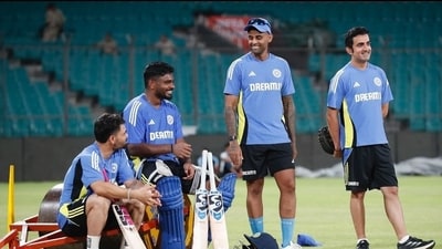 Indian cricketers during a practice session in Gwalior's new stadium Indian cricketers during a practice session in Gwalior's new stadium