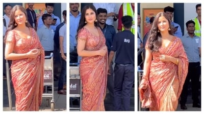 Katrina Kaif wore a Tarun Tahiliani saree for her airport look. With intricate detailing in soft pastel tones, her ensemble dazzled and impressed. Her blouse had a scoop neckline. The actor chose golden jhumkis and golden bangle as her accessories. (Instagram/@varindertchawla) Katrina Kaif wore a Tarun Tahiliani saree for her airport look. With intricate detailing in soft pastel tones, her ensemble dazzled and impressed. Her blouse had a scoop neckline. The actor chose golden jhumkis and golden bangle as her accessories. (Instagram/@varindertchawla)