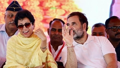 Lok Sabha LoP and Congress leader Rahul Gandhi in a conversation with party MP Kumari Selja during a public meeting for the Haryana Assembly elections. (AICC) Lok Sabha LoP and Congress leader Rahul Gandhi in a conversation with party MP Kumari Selja during a public meeting for the Haryana Assembly elections. (AICC)