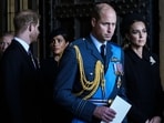 Britain's Prince William, second right, Kate, Princess of Wales, right, Prince Harry, left, and Meghan, Duchess of Sussex, second left, leave after they paid their respects to Queen Elizabeth II in Westminster Hall for the Lying-in State, in London, Wednesday, Sept. 14, 2022. 