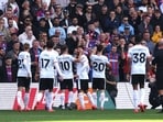 Liverpool's Diogo Jota, second from right, celebrates with teammates after scoring. Liverpool's Diogo Jota, second from right, celebrates with teammates after scoring.