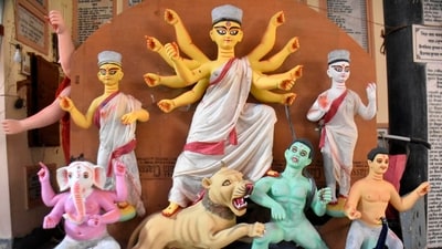 : Idol of Goddess Durga during Navratri festival at Bangali Akhara in Patna, Bihar. 