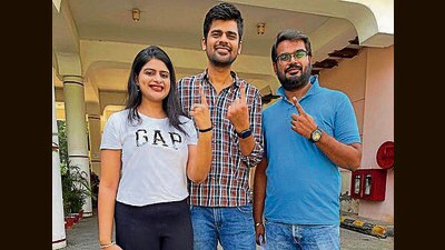 A group of first time voters after casting their ballots in Gurugram on Saturday. (AGENCIES) A group of first time voters after casting their ballots in Gurugram on Saturday. (AGENCIES)