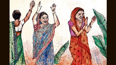 An illustration by Amrit Sufi of an Angika song being sung as the jhoomar dance is performed by women in Banka, Bihar. An illustration by Amrit Sufi of an Angika song being sung as the jhoomar dance is performed by women in Banka, Bihar.
