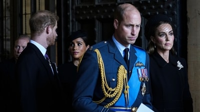 Britain's Prince William, second right, Kate, Princess of Wales, right, Prince Harry, left, and Meghan, Duchess of Sussex, second left, leave after they paid their respects to Queen Elizabeth II in Westminster Hall for the Lying-in State, in London, Wednesday, Sept. 14, 2022. (AP) Britain's Prince William, second right, Kate, Princess of Wales, right, Prince Harry, left, and Meghan, Duchess of Sussex, second left, leave after they paid their respects to Queen Elizabeth II in Westminster Hall for the Lying-in State, in London, Wednesday, Sept. 14, 2022. (AP)