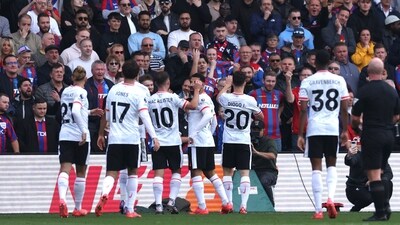 Liverpool's Diogo Jota, second from right, celebrates with teammates after scoring. (AP) Liverpool's Diogo Jota, second from right, celebrates with teammates after scoring. (AP)
