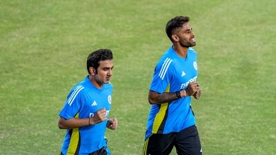 Indian coach Gautam Gambhir with captain Suryakumar Yadav during a practice session ahead of the first T20I cricket match between India and Bangladesh, in Gwalior (PTI) Indian coach Gautam Gambhir with captain Suryakumar Yadav during a practice session ahead of the first T20I cricket match between India and Bangladesh, in Gwalior (PTI)