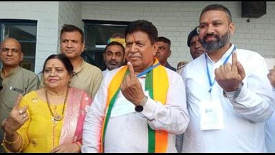 Panchkula BJP candidate Gian Chand Gupta after casting his vote in Sector 17 on Saturday. (Sant Arora/HT) Panchkula BJP candidate Gian Chand Gupta after casting his vote in Sector 17 on Saturday. (Sant Arora/HT)