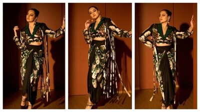 Sonakshi Sinha's outfit radiated an earthly energy, with all warm tone colours. The top had a deep, v-neckline with fringes from the long sleeves, while the pants had a dramatic ruched draping effect. (Instagram/@alisona) Sonakshi Sinha's outfit radiated an earthly energy, with all warm tone colours. The top had a deep, v-neckline with fringes from the long sleeves, while the pants had a dramatic ruched draping effect. (Instagram/@alisona)