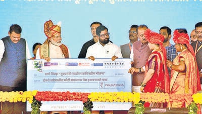 Thane, India - October 05, 2024: Prime Minister Narendra Modi attended the ground breaking and benefit distribution ceremony of various projects at Kasarwadvali Ghodbunder Road in Thane. On this occasion the womens beneficiaries of Chief Minister Majhi Ladki Bahin Yojana were felicitated Chief Minister Eknath Shinde, Deputy Chief Minister Devendra Fadnavis, Deputy Chief Minister Ajit Pawar were present on this occasion. ,in Thanei,in Mumbai, India, on, Saturday, October 05, 2024. ( Praful ÊGangurde /HT Photo ) Thane, India - October 05, 2024: Prime Minister Narendra Modi attended the ground breaking and benefit distribution ceremony of various projects at Kasarwadvali Ghodbunder Road in Thane. On this occasion the womens beneficiaries of Chief Minister Majhi Ladki Bahin Yojana were felicitated Chief Minister Eknath Shinde, Deputy Chief Minister Devendra Fadnavis, Deputy Chief Minister Ajit Pawar were present on this occasion. ,in Thanei,in Mumbai, India, on, Saturday, October 05, 2024. ( Praful ÊGangurde /HT Photo )
