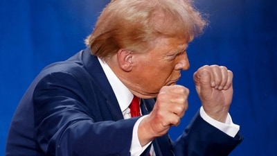 Republican presidential nominee and former U.S. President Donald Trump gestures at the end of a town hall as he campaigns in Fayetteville, North Carolina, (REUTERS)