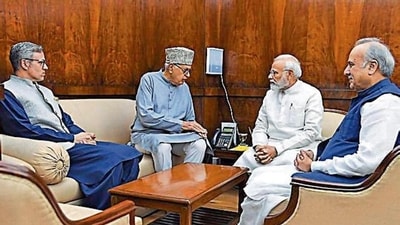 National Conference chief Farooq Abdullah, his son Omar Abdullah with PM Modi. (File Photo) (ANI Photo) National Conference chief Farooq Abdullah, his son Omar Abdullah with PM Modi. (File Photo) (ANI Photo)