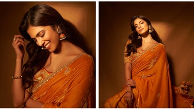 Go lighter and fresher with his saree inspo by Malavika Mohanan. With a thin embroidered border and an ornate blouse, this saree can be a good choice for a party. Go lighter and fresher with his saree inspo by Malavika Mohanan. With a thin embroidered border and an ornate blouse, this saree can be a good choice for a party.