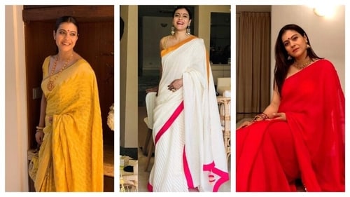 Kajol mastered the festive saree looks by either dolling up in solid monochrome or balancing with a gradient style. (Instagram) Kajol mastered the festive saree looks by either dolling up in solid monochrome or balancing with a gradient style. (Instagram)