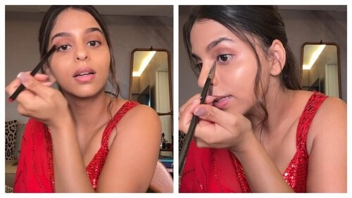 Suhana applied the eyeshadow first around the eyelids with a warm brown-pinkish eyeshadow, and to define her eyes at the corner of her eyes brushed golden shimmer. (Instagram/@suhanakhan2) Suhana applied the eyeshadow first around the eyelids with a warm brown-pinkish eyeshadow, and to define her eyes at the corner of her eyes brushed golden shimmer. (Instagram/@suhanakhan2)