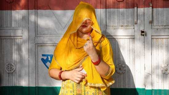 Haryana election 2024 live: A woman shows her finger marked with indelible ink after casting vote at a polling station at Balali village during the Haryana Assembly elections, in Charkhi Dadri.