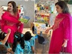 Ambani visited her grandson's school in a stunning rani pink kurta look. Ambani visited her grandson's school in a stunning rani pink kurta look.