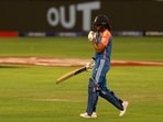 India's captain Harmanpreet Kaur walks back after being dismissed by New Zealand's Rosemary Mair during the ICC Women's T20 World Cup 2024 match between India and New Zealand India's captain Harmanpreet Kaur walks back after being dismissed by New Zealand's Rosemary Mair during the ICC Women's T20 World Cup 2024 match between India and New Zealand